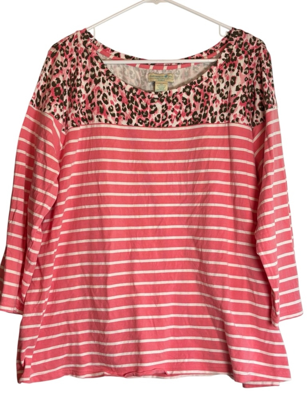 Caribbean Joe 2X Pink Leopard Stripe Top Mixed Print 3/4 Sleeve